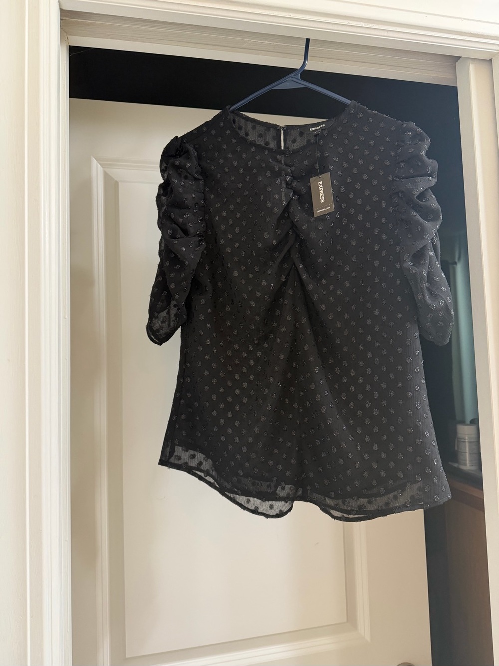NWT Express  Black Puff-Sleeve Dot-Textured sheer blouse
